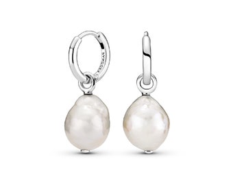 PANDORA Pearl Hoop Earrings Stylish Freshwater Cultured Baroque Pearl Earrings in Sterling Silver: Perfect Gift for Her 299426C01