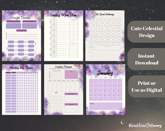 May include: Printable planner pages with a celestial theme. The pages include a weight tracker, meal planner, no spend challenge, monthly bill tracker, weekly planner, and a calendar for January. The pages have a purple and gold watercolour background with stars and moons.