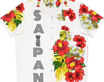 Hawaiian Shirt: Hibiscus, Ylang-Ylang, Plumeria Floral Design, Saipan Style
