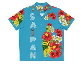 Hawaiian Shirt: Turquoise Floral Print - Saipan Style