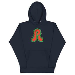 May include: A navy blue hooded sweatshirt featuring a large, stylized letter "R" in red with a green outline. The letter is decorated with small, white Christmas lights. The sweatshirt has a front pocket and a drawstring hood.