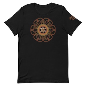 May include: Black t-shirt with a gold and red geometric design featuring a six-pointed star in the center.