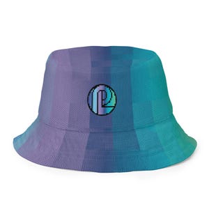 May include: A bucket hat with a gradient design in shades of purple, blue, and teal. The hat features a geometric pattern and a circular logo with the letters "P" and "R" in a pixelated style.