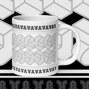 May include: White ceramic mug with a geometric design in shades of gray. The mug features a repeating pattern of stylized shapes and text around the top and bottom, with a larger central design. The handle is white.