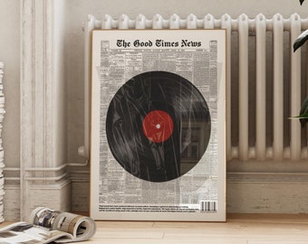 Retro Vinyl Record Newspaper Print, Funky Music Poster, Vintage Music Poster, Gift for Music Lovers, Aesthetic Print for Apartment