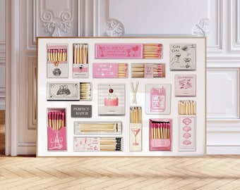 Pink Matchbox Print, Trendy Matches Poster, Landscape Matchbook Wall Art, Girly Aesthetic Print for Apartment, Preppy Dorm Decor