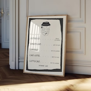 Arte de parede com cardápio de café, impressão retrô de cafeteria, pôster de cafeteria, arte em preto e branco, arte moderna de meados do século, arte de parede para cozinha