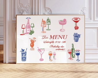 May include: A white menu board with a red title "the MENU" and a list of drinks, including cocktails, wine, and beer. The drinks are illustrated in colorful line drawings. The text on the menu board reads "Weeknights 17:30 - late (Probably also weekends)"