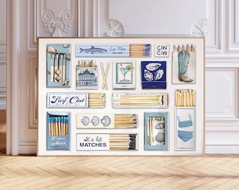 Blue Matchbox Print, Trendy Matches Poster, Landscape Matchbook Wall Art, Girly Aesthetic Print for Apartment, Preppy Dorm Decor, Summer Art