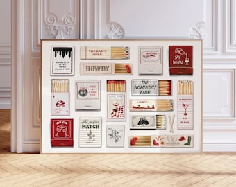 Vintage Matchbox Print, Retro Bar Cart Decor, Cocktail Wall Art, Red Aesthetic Matches Print for Apartment, Landscape Art, Digital Download