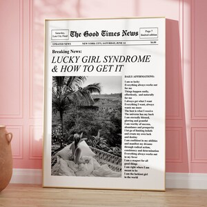 Trendy krantenprint, Lucky Girl Syndrome, retro barwagen, feministische muurkunst, esthetische tijdschriftomslag, manifestprint