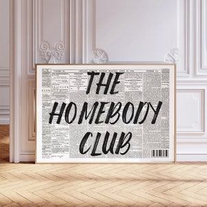 Plakat Homebody Club, poziomy modny wydruk gazety, minimalistyczna sztuka ścienna, wystrój salonu, urocza sztuka cytatów