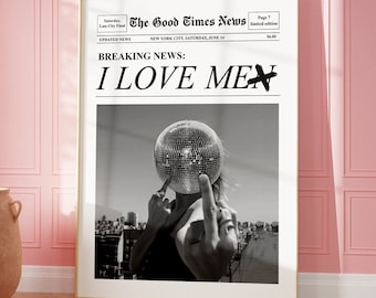 May include: A black and white newspaper print with the headline "BREAKING NEWS: I LOVE ME" with a line through the word "ME". The image shows a person holding a disco ball in front of their face and giving the middle finger.