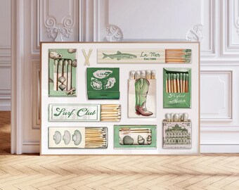 Green Matchbox Print, Trendy Matches Poster, Landscape Matchbook Wall Art, Aesthetic Print for Apartment, Preppy Dorm Decor, Summer Wall Art