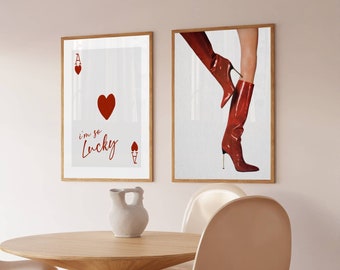 Trendy Set of 2 Prints, Lucky Girl Ace of Cards Poster, Red Boots Wall Art, Magazine Cover Aesthetic, Manifestation Print