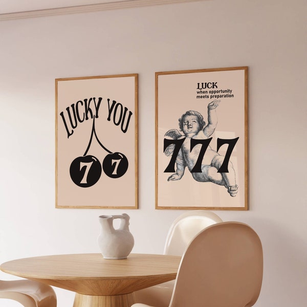 Lucky Angel Numbers Set of 2, 777 Poster, Preppy Room Decor, Manifestation Poster, Trendy Wall Art, Instant Digital Download