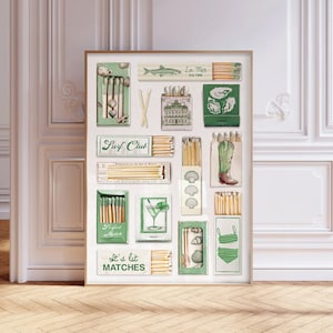 Vintage Streichholzschachtel Druck, Trendige Streichhölzer Poster, Retro Streichholz Wandkunst, Funky Grün ästhetischer Druck für Wohnung, sofortiger digitaler Download