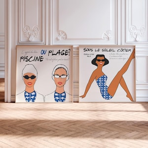 Conjunto de 2 láminas costeras, póster cuadrado de verano, arte mural playero dibujado a mano, impresión estética azul francés para apartamento, descarga instantánea