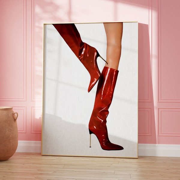 Trendy Retro Print, Preppy Room Decor, Vintage Bar Cart, Red Boots Wall Art, Magazine Cover Aesthetic, Feminist Poster