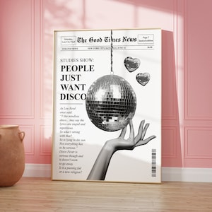 Trendy krantenprint, retro discobal muurkunst, preppy kamerdecor, retro barwagen, trendy muurkunst jaren 70, instant digitale download
