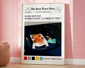 Trendige Zeitung Wandkunst, La Dolce Vita Poster, altes Geld Ästhetik, italienische Vibes, Retro Kunstwerk, digitaler Download, Vintage Home Decor