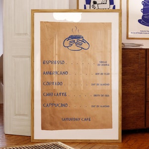 Arte de parede com cardápio de café, impressão vintage de cafeteria, pôster de cafeteria, pôster estético azul, arte moderna de meados do século, arte de parede para cozinha
