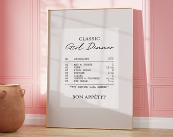 Girl Dinner Receipt Print: Trendy Preppy Dorm Wall Art (Digital Download)