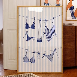 Bikini Print Blue Beachy Wall Art, Coastal Aesthetic Poster, Summer Digital Print, Bikini on Clothesline Trendy Wall Art, Preppy Print