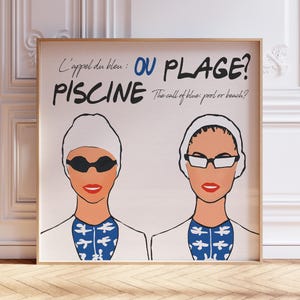 Lámina playera retro francesa cuadrada "¿Piscina o playa?" Arte mural digital de verano - Póster decorativo costero chic - Ilustración de estilo vintage