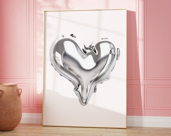 Liquid Silver Heart Poster: Trendy Y2K Wall Art (Digital Download)
