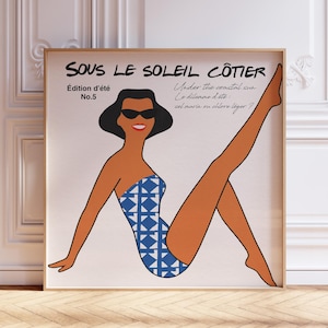 Impresión de playa retro francesa cuadrada, arte de pared de verano moderno: póster de decoración costera chic para el hogar, ilustración de estilo vintage, descarga digital instantánea