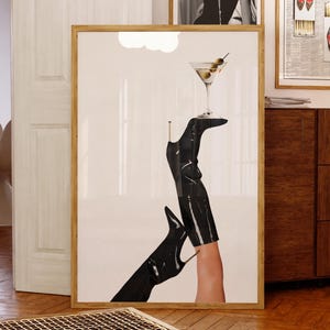 Póster de botas negras de moda, arte mural de martini, impresión vintage de mujer fatal, fotografía de moda de lujo, decoración de apartamento femenino, descarga digital
