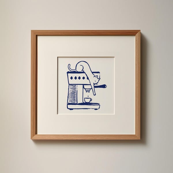 The Coffee Thief Poster, Square Cat Wall Art, Coffee Bar Decor, Retro Kitchen Print, Gift for Coffee and Cat Lovers, Minimalist Home Decor