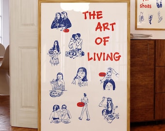 The Art of Living, Typography Poster, Blue French Exhibition Poster, Aesthetic Wall Art, Vintage Retro Home Decor, Digital Download
