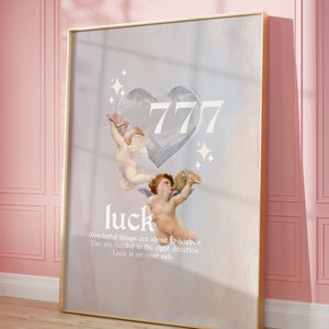 Lucky Angel Numbers Poster, 777 Luck Wall Art, Trendy Manifestation Wall Print, Affirmations Poster,  Preppy Dorm Decor, Instant Download