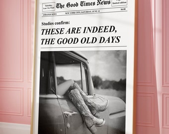 Trendiger Zeitungsdruck, Western Cowgirl Wandkunst, New York Nachrichten, Magazin Schlagzeile, Vintage Barwagen, Cowgirl Stiefel Poster
