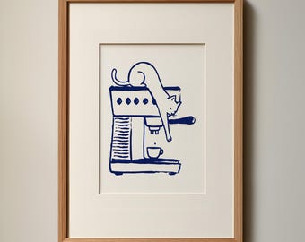 Póster de "El ladrón de café", arte mural de gatos, decoración de cafetería, impresión retro de cocina, regalo para amantes del café y los gatos, decoración minimalista del hogar.
