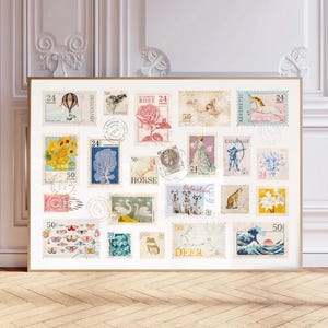 Arte mural con sellos vintage, impresión postal con paisaje retro, póster de sellos de viaje, collage de sellos, impresión estética para apartamento, regalo para amantes de los viajes.
