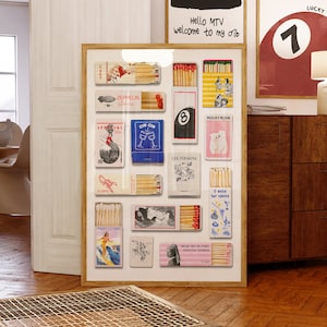 Vintage Streichholzschachtel Druck, Trendige Streichhölzer Poster, Retro Streichholz Wandkunst, Funky Ästhetischer Druck für Wohnung, sofortiger digitaler Download
