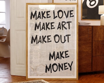 Retro Newspaper Print, Make Love, Art, Money, Funky Home Decor, Typography Print, Oversized Monochrome Print for Apartment, Digital Download