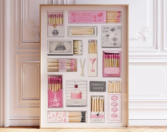 Vintage Matchbook Print: Retro Pink Matches Poster (Digital Download)
