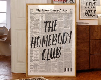 The Homebody Club Newspaper Print, Typography Poster, Trendy Living Room Wall Art,  Magazine Cover Aesthetic, Instant Digital Download