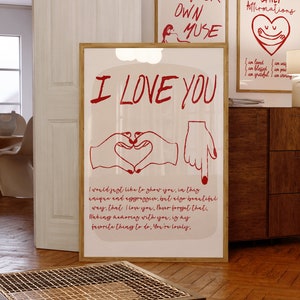 Impresión de moda I Love You, arte de pared de tipografía roja, cartel de boceto dibujado a mano, decoración estética francesa, impresión de mediados de siglo, descarga instantánea