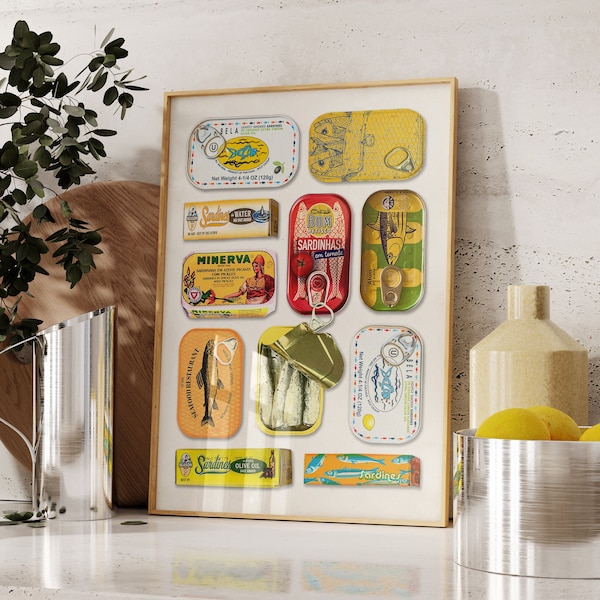 Sardines Set Print, Vintage Food Wall Art, Retro Kitchen Decor, Tinned Fish Print, Dining Room Decor, Retro Food Art, Italian Food Poster