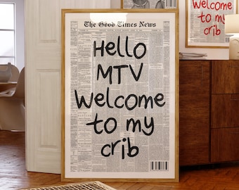 Hola MTV, Bienvenido a My Crib Print - Impresión tipográfica, decoración moderna del carrito de bar, arte de pared estético, arte de pared de moda de los años 70, descarga instantánea