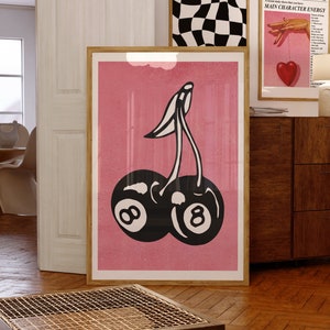 Retro print met 8 bollen kersen, vintage barwagen, trendy muurkunst, funky interieur, preppy decor slaapzaal