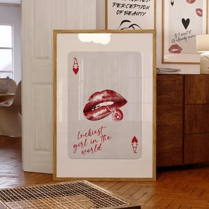 Stampa di carte da gioco Lucky Girl Syndrome, arte murale alla moda, decorazione retrò per carrello bar, poster preppy, stampe digitali estetiche rosse, download istantaneo