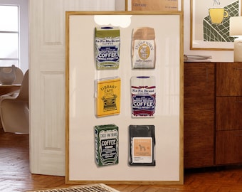 Vintage Coffee Bags Art Print: Retro Kitchen Decor (Digital Download)
