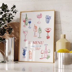 Cocktail Dinner Party Poster, Funky Wine and Martini Wall Art | Apartment Decor | Bar Cart Apartment Decor For Wine and Cocktail Lovers