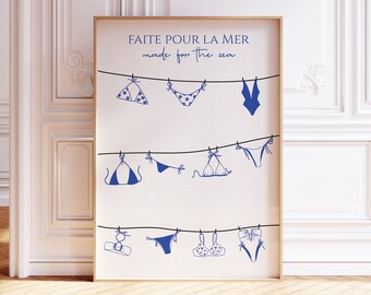 Vintage Coastal Print, Trendy Bikini Poster, Hand Drawn Summer Wall Art, French Blue Aesthetic Print for Apartment, Instant Digital Download
